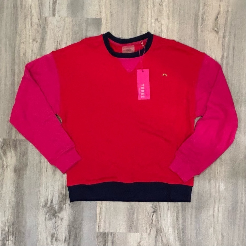 NWT Terez Pink Red Colorblock Oversized Pullover Crewneck Sweatshirt Size XS